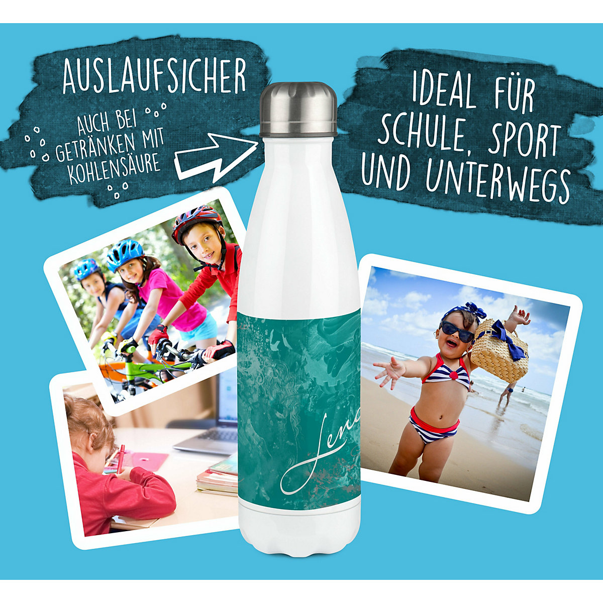 Edelstahl Kinder Thermoflasche / Trinkflasche bunt Traum Farbe petrol Spülmaschinenfest, Auslaufsicher, Bruchfest, Doppelwandig, Für Heißgetränke geeignet, Mit Deckel, Isoliert