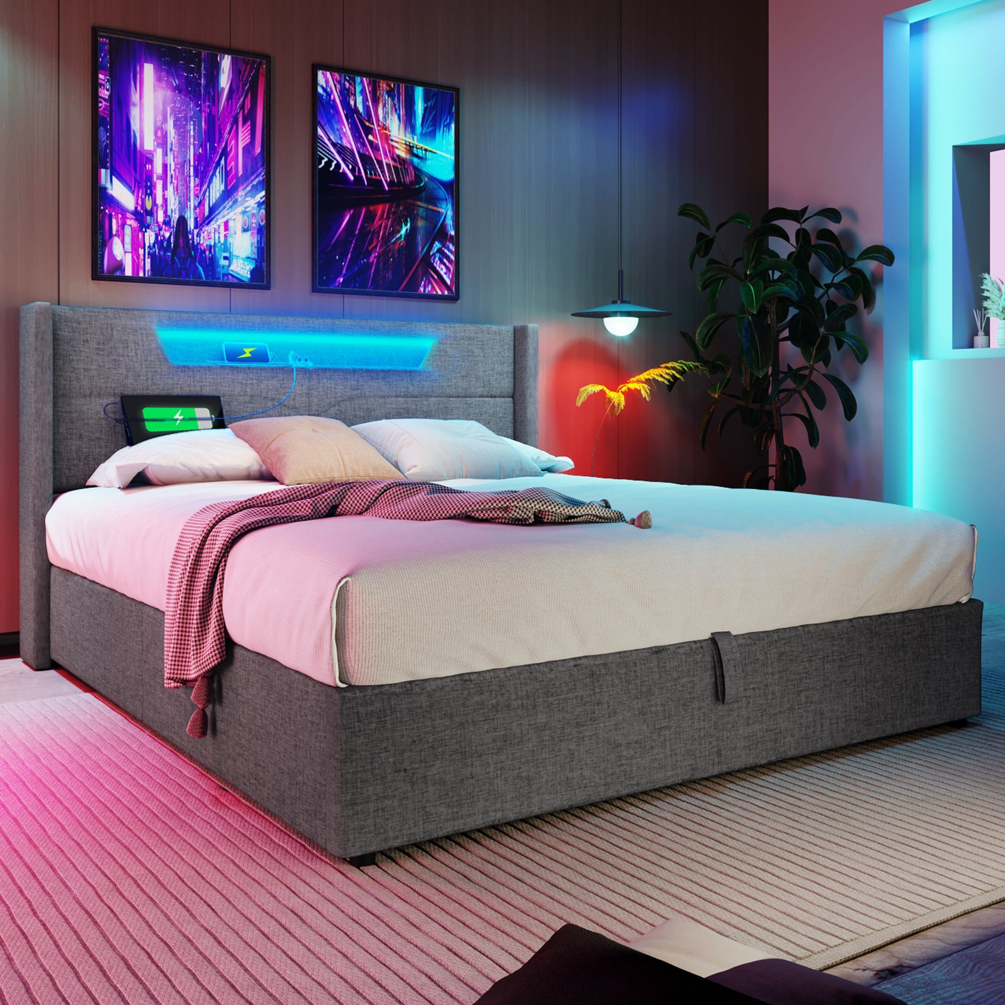 REDOM Polsterbett LED Doppelbett mit USB Typ C Ladefunktion, 140 x 200 cm, ohne-Matratze