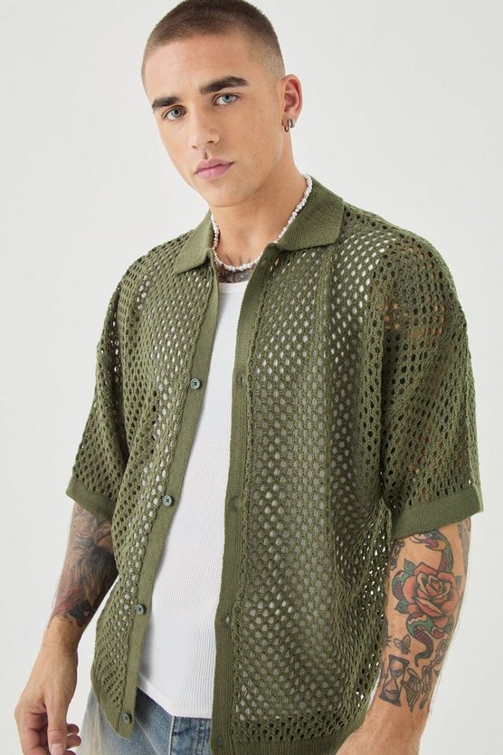 Kastiges gehäkeltes Oversize Hemd in Khaki