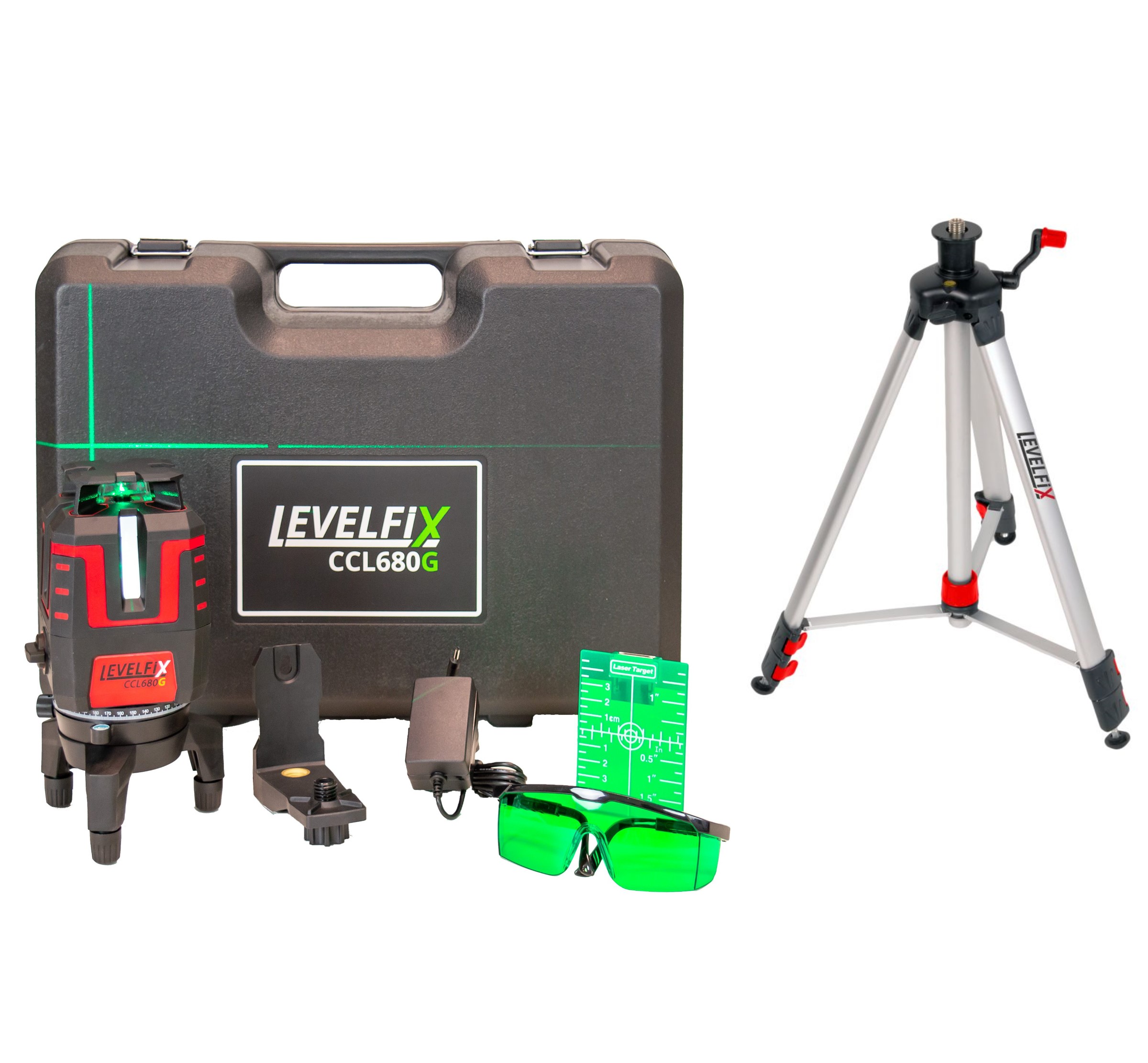 Levelfix 556256 CCL680G SET 360° krížový laser zelený - 360° horizontálne, 4 vertikálne čiary a bod smeru + statív 1,5 m