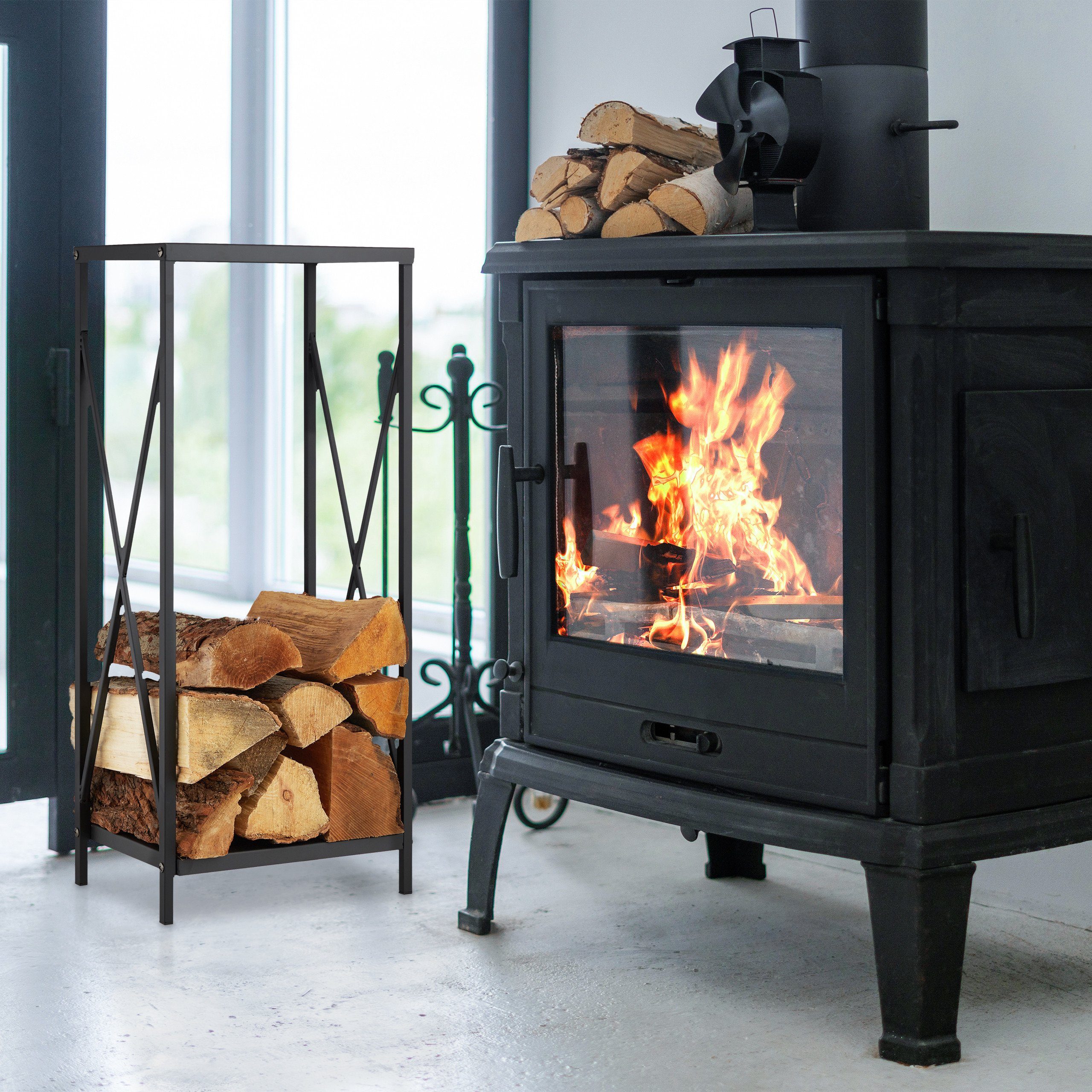 relaxdays Kaminholzregal Schwarzes Kaminholzregal aus Stahl, BxTxH:34x25x80 cm