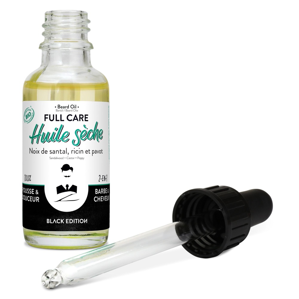 Monsieur Barbier Huile Barbe Bio, 100% Naturelle et Vegan - Full Care / Black Edition Huile Sèche Bio de Soin 2-en-1 Barbe & Cheveux pour Hommes / Parfum Tonka