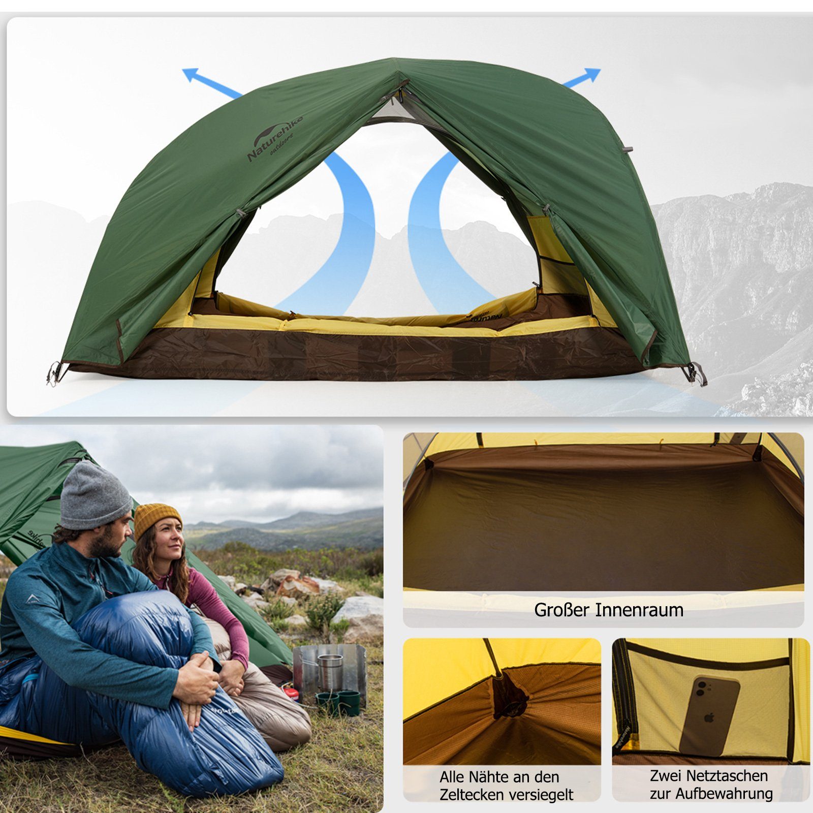 Naturehike Kuppelzelt Wasserdicht Ultraleichtes Zelt für Camping Rucksackreisen und Klettern, Personen: 2, 210 x 85 x 95 cm