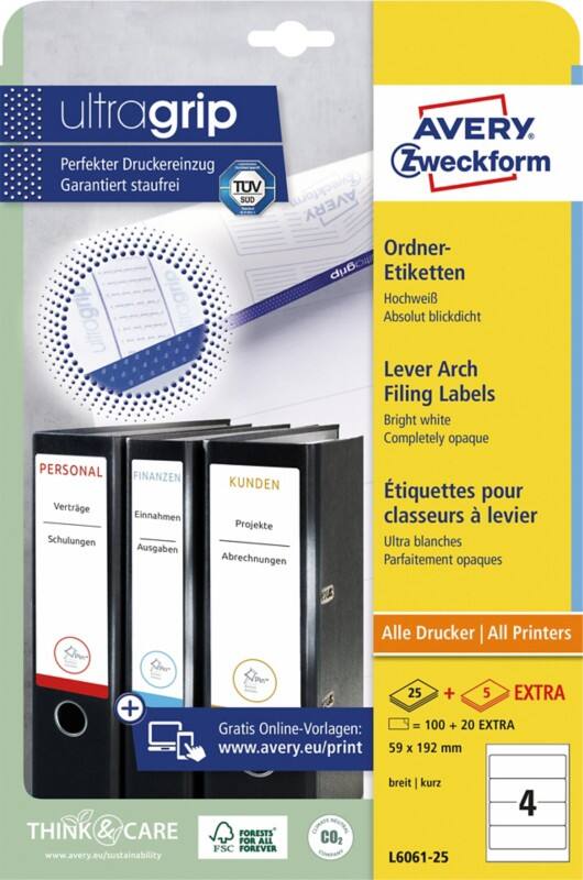 AVERY Zweckform ultragrip Ordneretiketten L6061-25 Selbsthaftend DIN A4 Weiß 5,9 x 19,2 cm 30 Blatt à 4 Etiketten