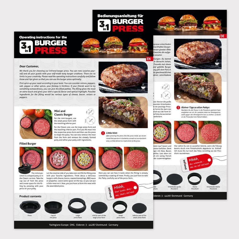 int!rend Burgerpresse Burgerpresse mit 3 Funktionen und 60 Backpapieren, Metall, Burgerpresse 3-in-1 mit 60 Backpapieren