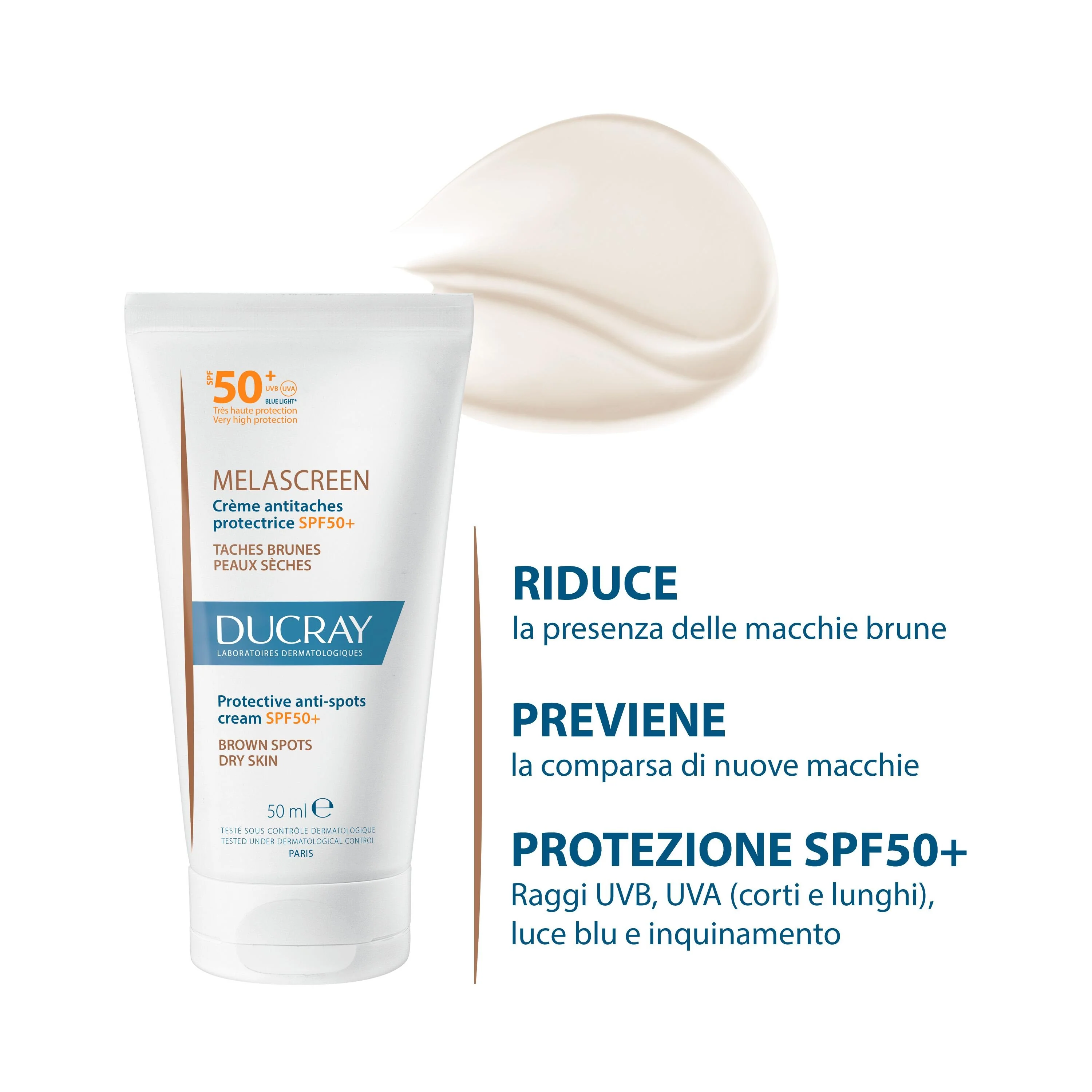 Cremă de față anti-pete Melascreen Protective SPF50+ - Cremă de față de zi anti-pete, Tratamente protectoare, Cremă de protecție solară pentru față cu protecție ridicată.