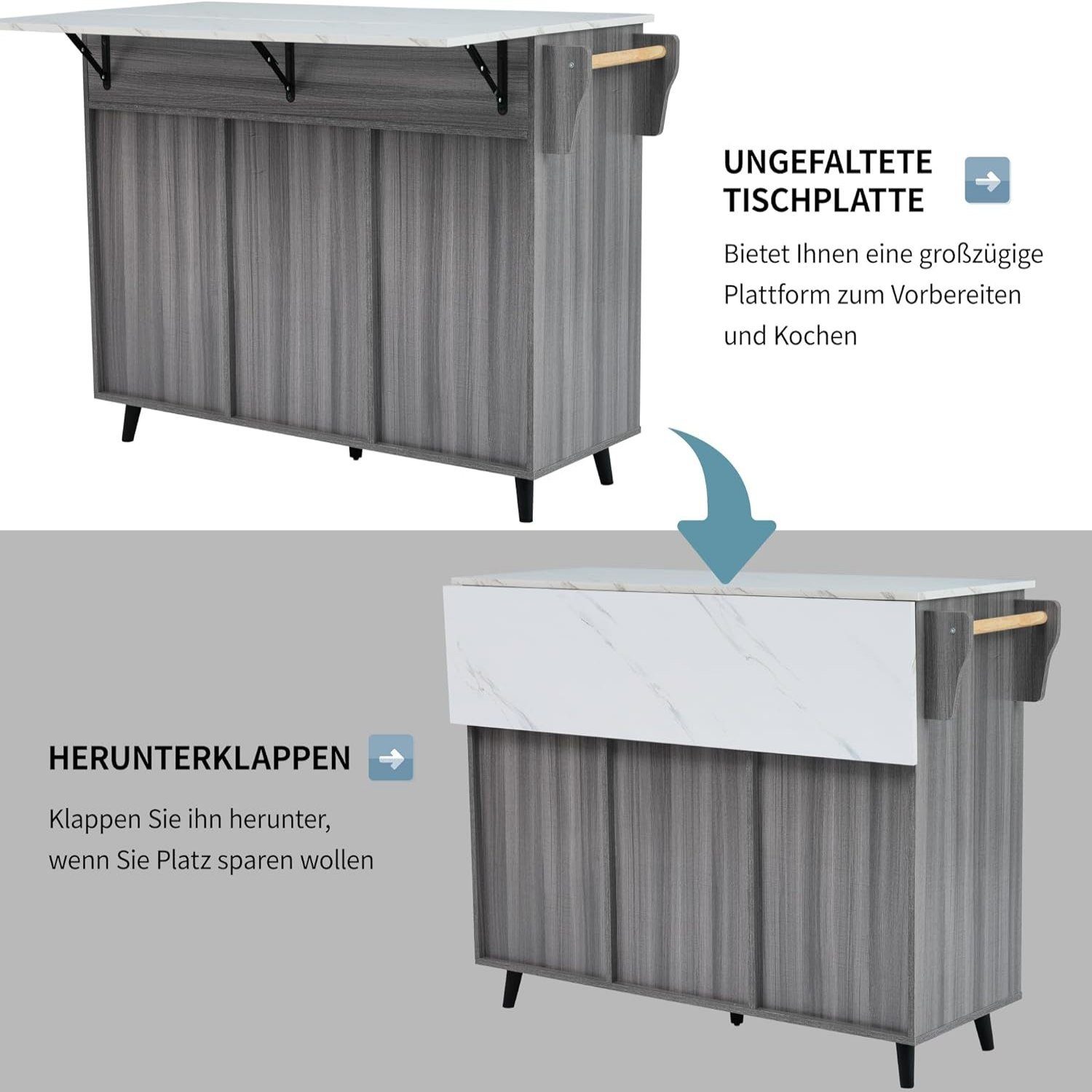 BlingBin Sideboard Speisewagen Faltbare Arbeitsplatte mit Massivholzmaserung + Schrank (1er Set, 1 St., Sideboard), Aufbewahrungstür-Design/Räder/Massivholzfüße umschaltbar
