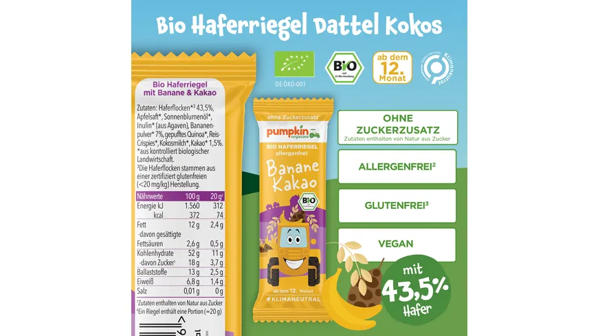 pumpkin organics Bio Haferriegel mit Banane & Kakao 20 g