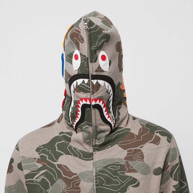 A Bathing Ape Layered Line Camo Shark Full Zip Hoodie M beige