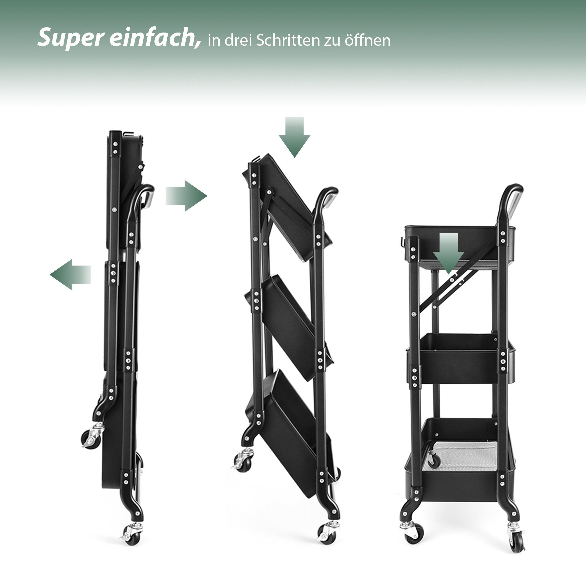 HomeGuru Beistellwagen 3 Etagen, klappbar Servierwagen, Metall-Stauraumwagen, Küchenwagen, (1 St., Packung)