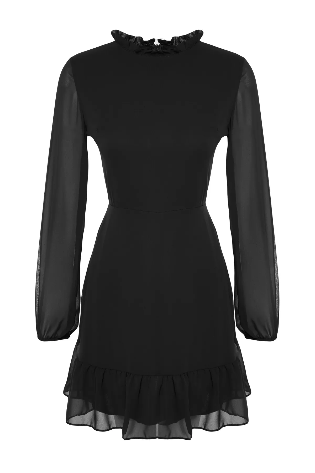 Trendyol Collection  Schwarzes A-Linien-Minikleid mit Rüschendetail und Stehkragen aus Chiffon mit Futter TWOAW24EL00722