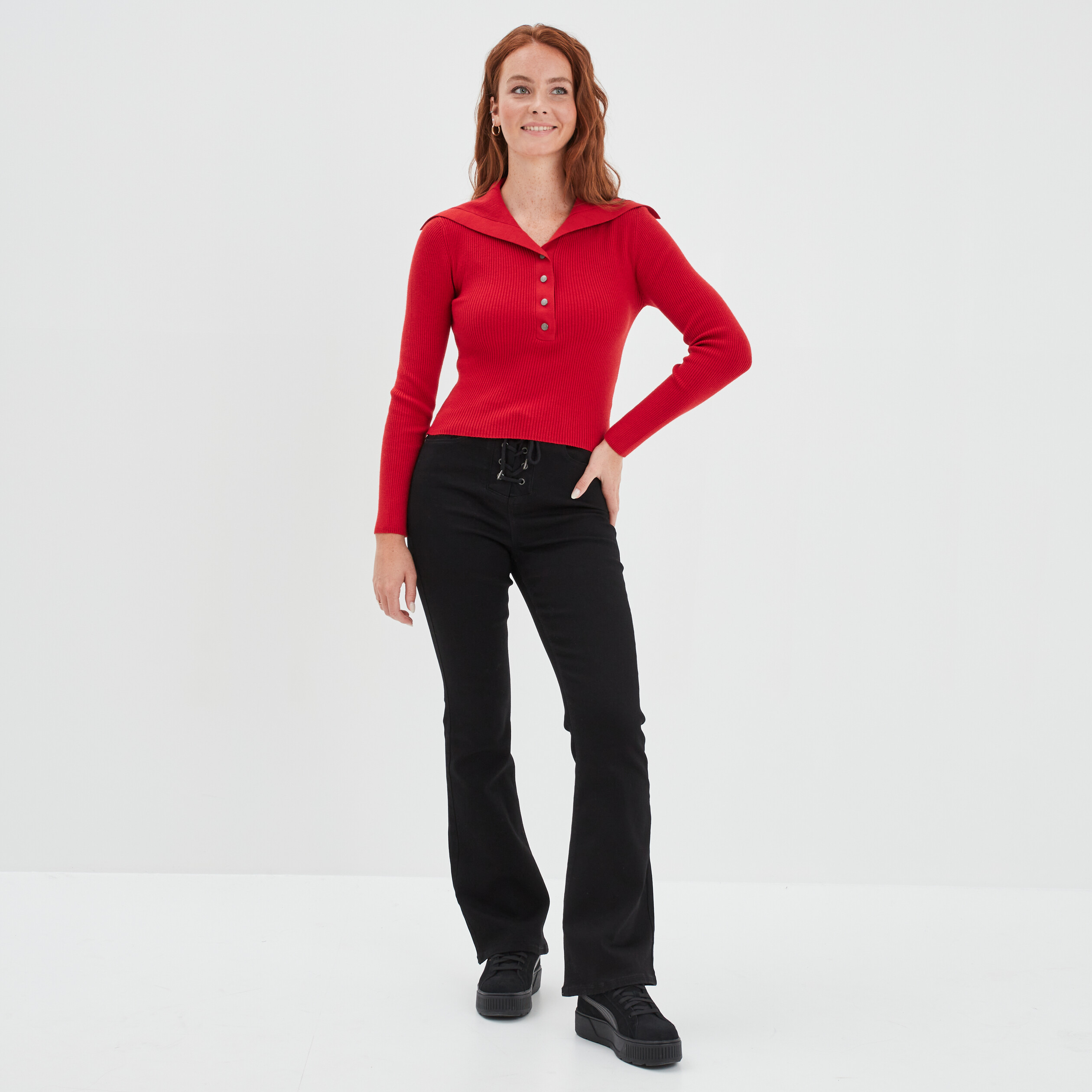 Pull col camionneur boutonné Liberto rouge foncé femme | La Halle