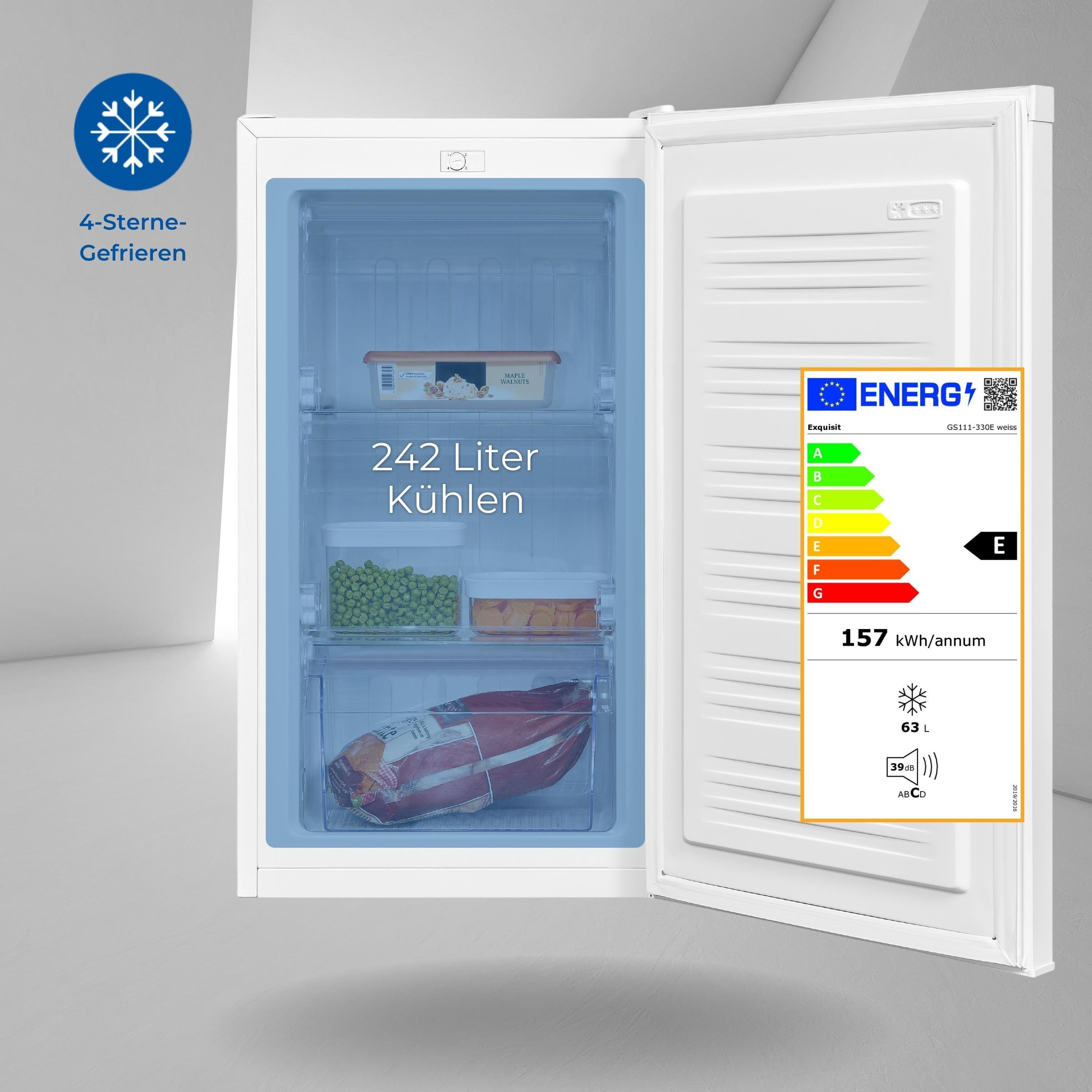 exquisit Gefrierschrank GS111-330E weiss, 82.5 cm hoch, 45.3 cm breit, kompakt mit praktischen Gefrierfächern, 4* Gefrieren