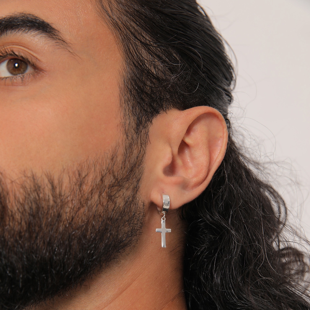 KUZZOI KUZZOI Boucles d'Oreilles Hommes Créoles Simple Croix Charnière Tendance en Argen Boucles d'oreilles