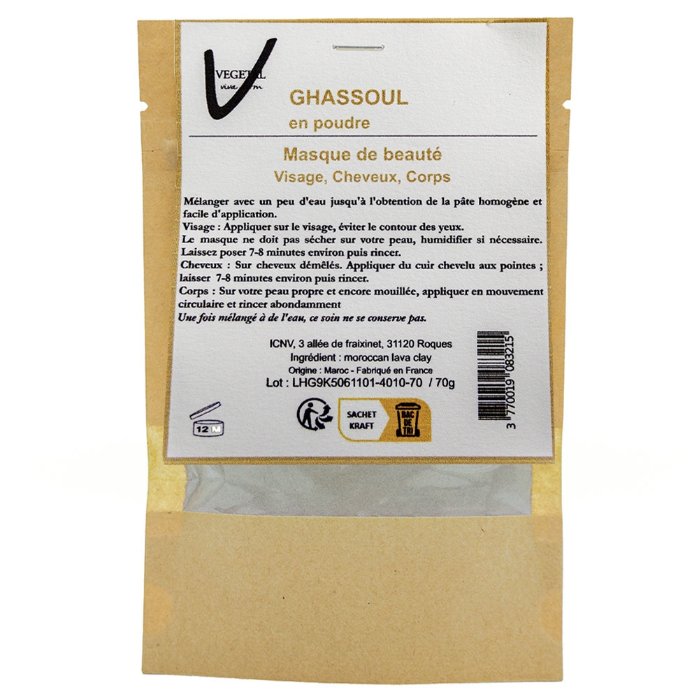 vegetal viva derm Ghassoul en poudre Masque Exfoliant Gommage doux visage, corps, cheveux