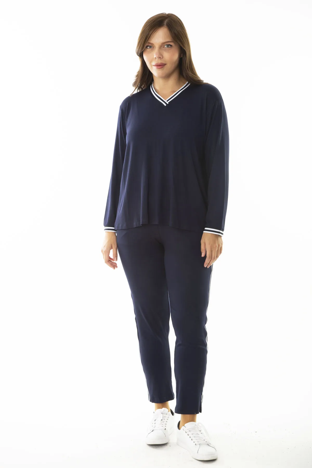 Şans  Damen-Trainingsanzug, große Größe, marineblau, gerippt, langärmelig, Bluse, Hose, 65N36972