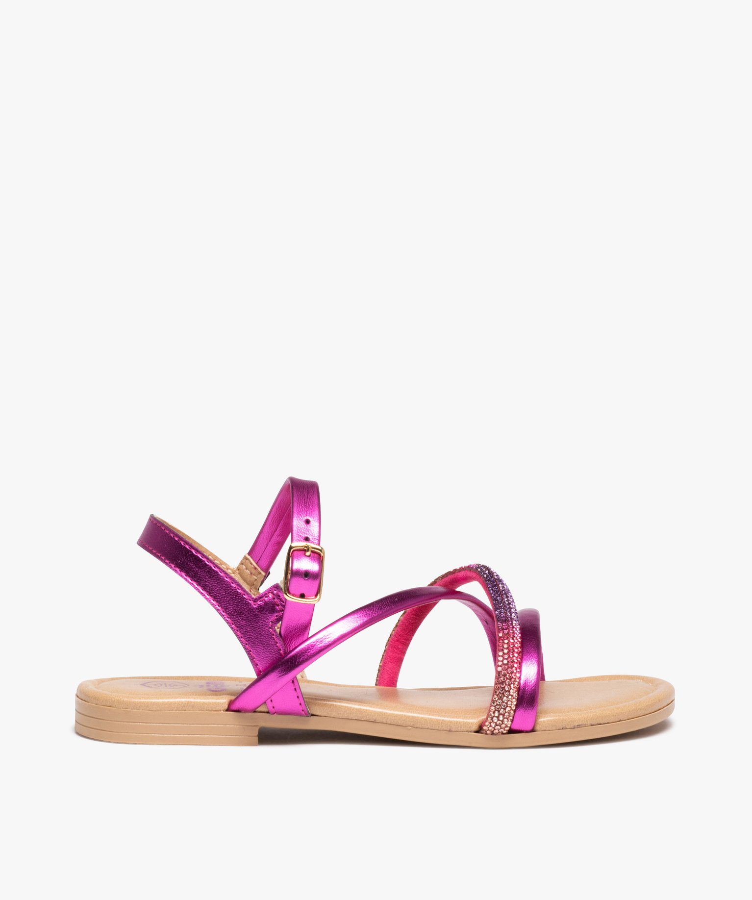 Sandales fille unies à fines brides croisées brillantes fuchsia | GEMO
