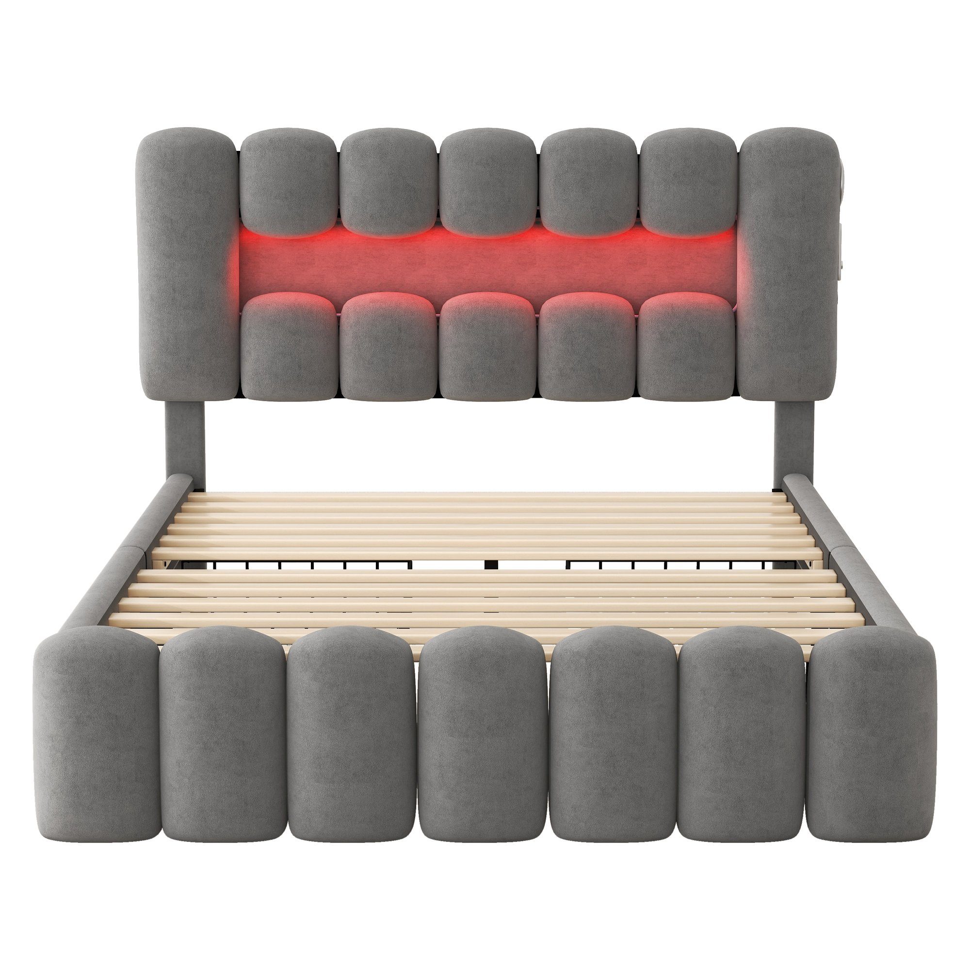 HAUSS SPLOE Polsterbett Polsterbett Funktionsbett Bettrahmen KInderbett Doppelbett (mit 4 Schubladen und LED-Lichtleiste, Jugendbett mit USB und Stereoanlage), 140*200 cm, Grau