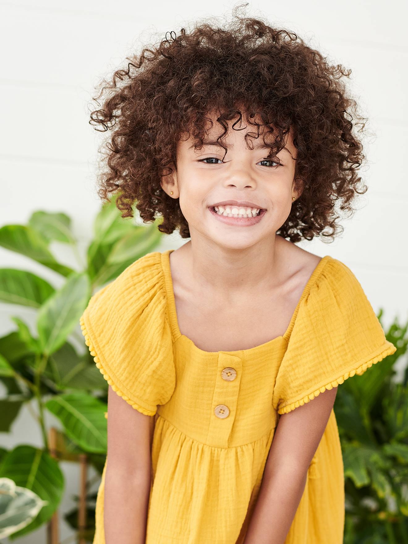 Robe en gaze de coton détails fantaisie fille moutarde
