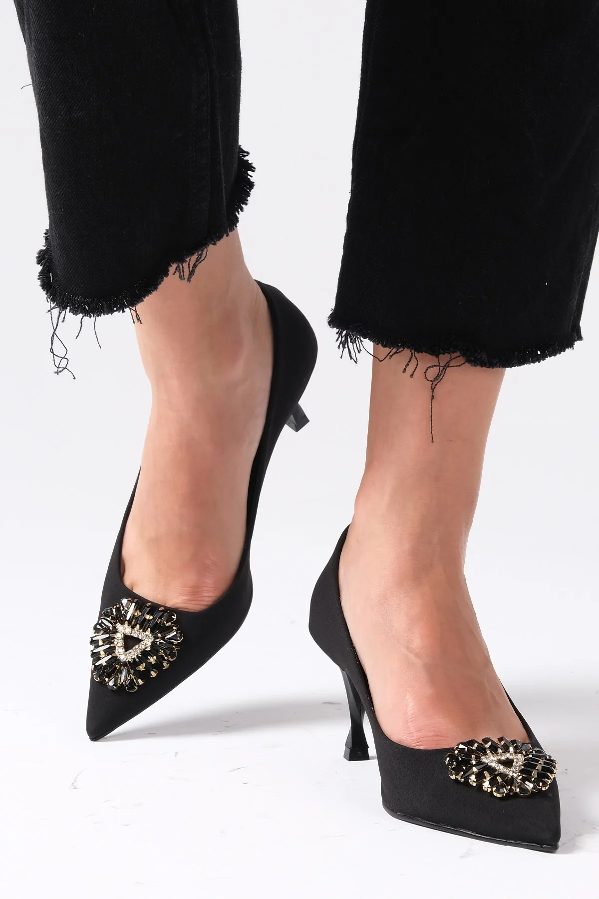 Mio Gusto  Alexandra Black Color Crystal Stone Matter Satinstoff Damen Abendkleid Stiletto-Schuhe