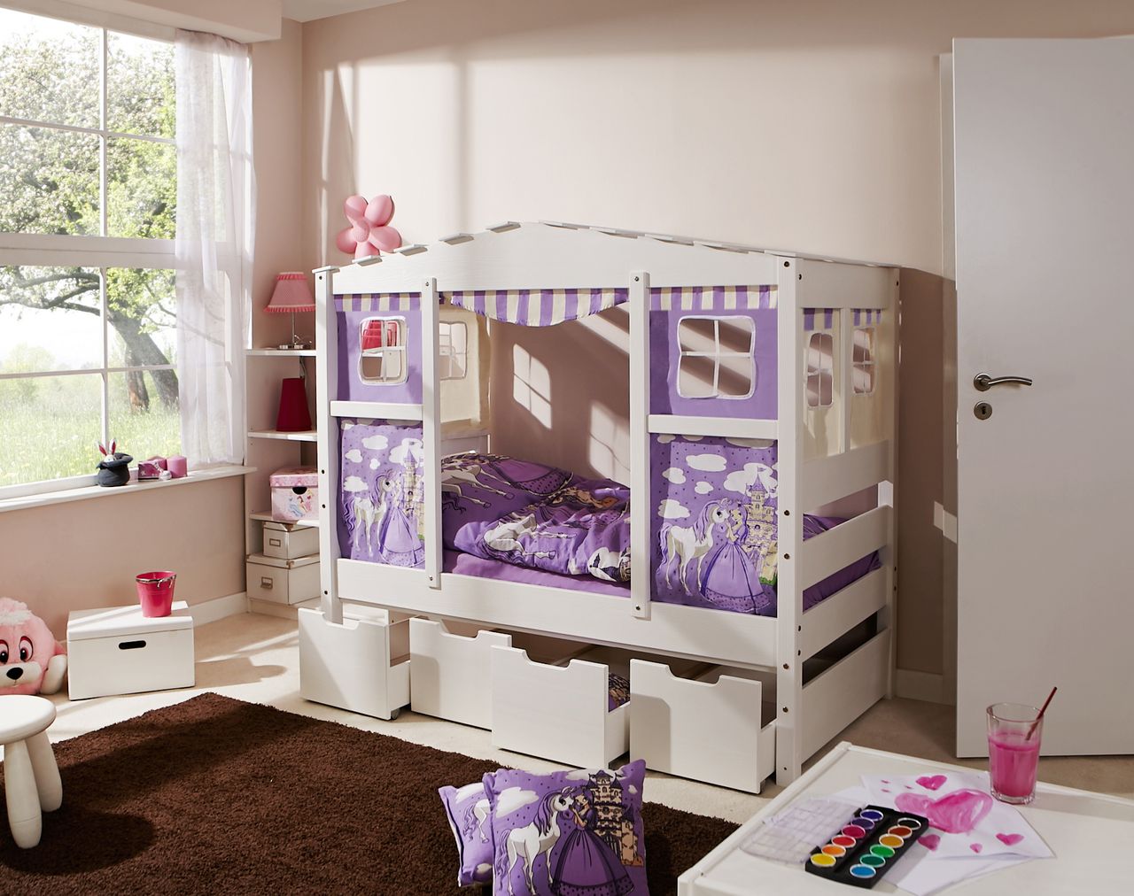 Ticaa Hausbett MINI Prinzessin Lila Var 1 - mit Zusatzbett - inkl. 2 Matratzen