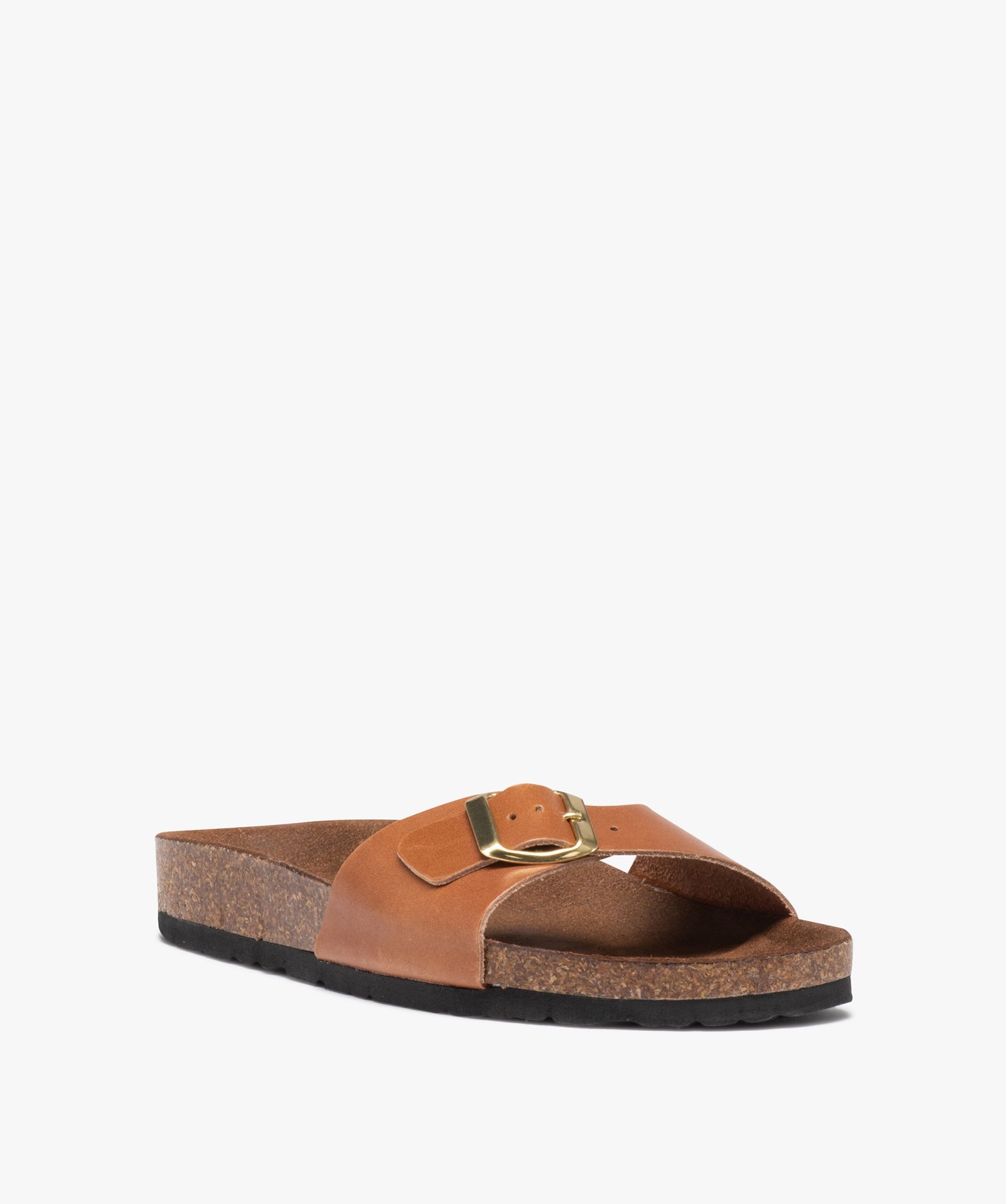 Mules femme à talon plat et bride ajustable en cuir camel | GEMO