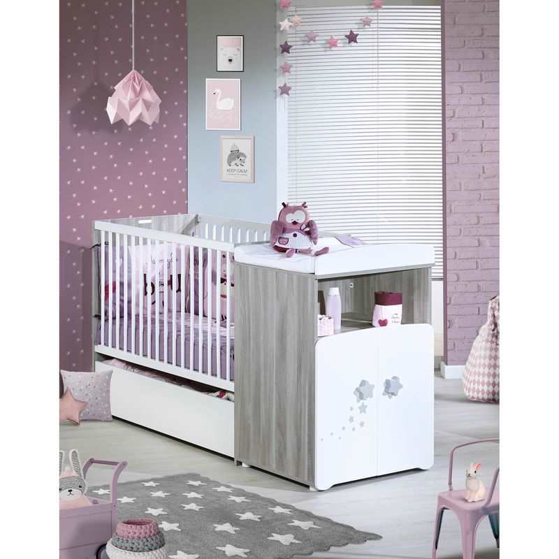 Lit bébé combiné évolutif 120x60 en 90x190 sérigraphié fumé Nao