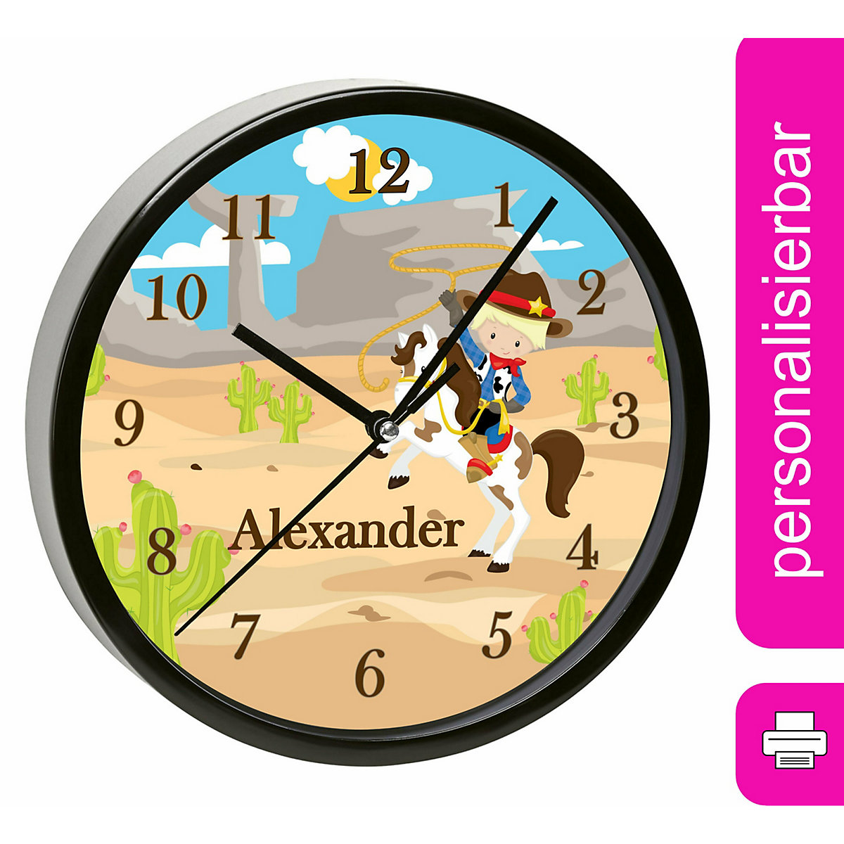 Kinder Wanduhr laufruhig personalisiert mit Name Cowboy