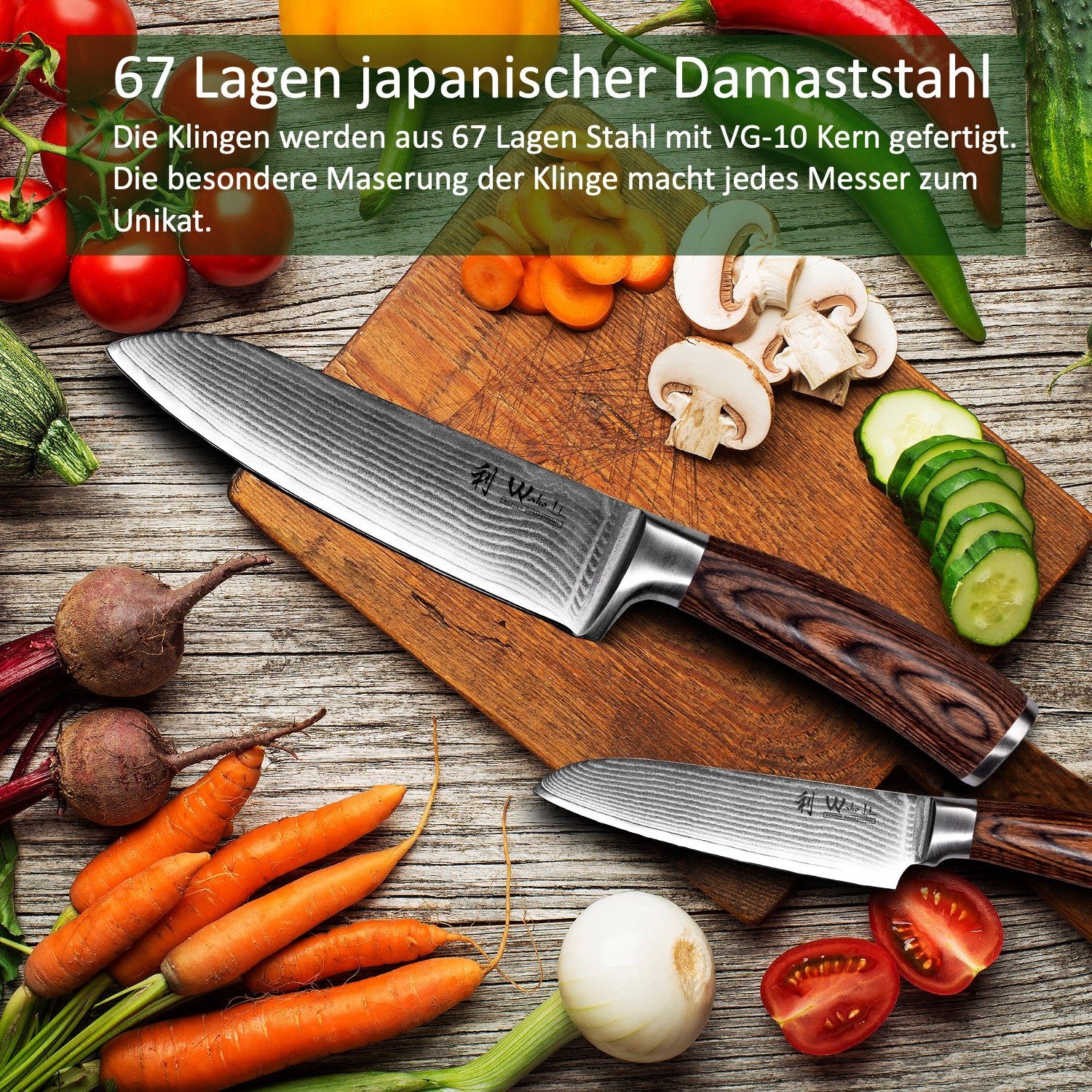 Wakoli Messer-Set Edib 4er Damastmesserset I 8 - 18cm Klinge I Pakkaholzgriff