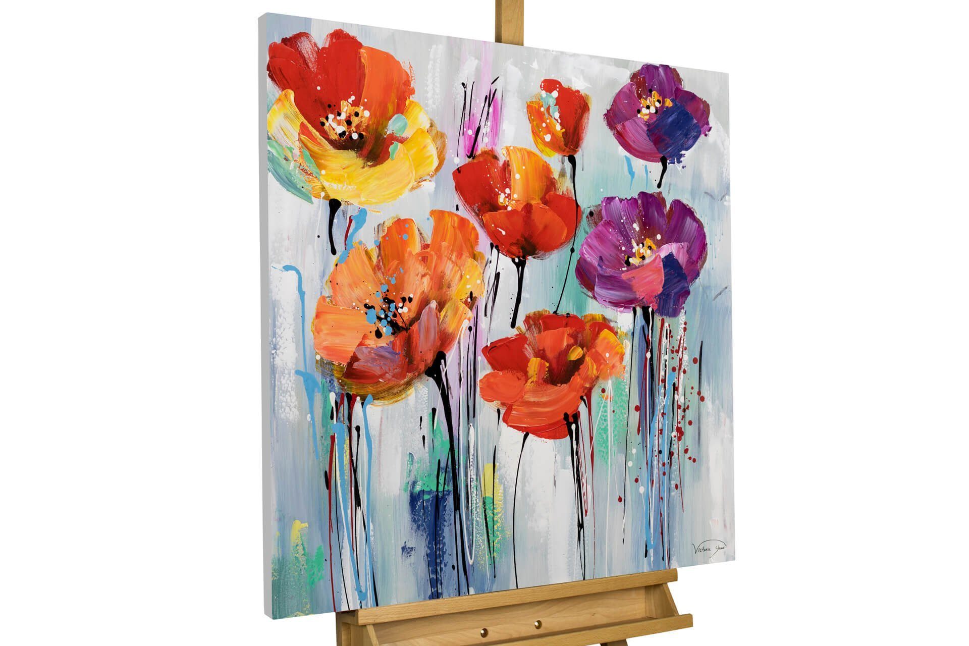 KUNSTLOFT Gemälde Bunter Blumengruß 80x80 cm, Leinwandbild 100% HANDGEMALT Wandbild Wohnzimmer