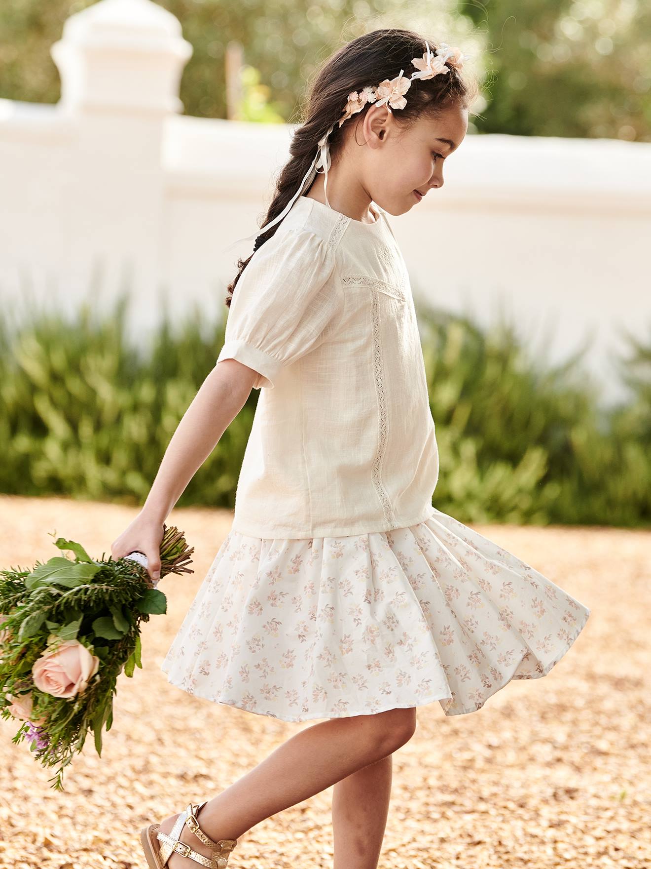 Jupe de cérémonie à fleurs fille blanc imprimé