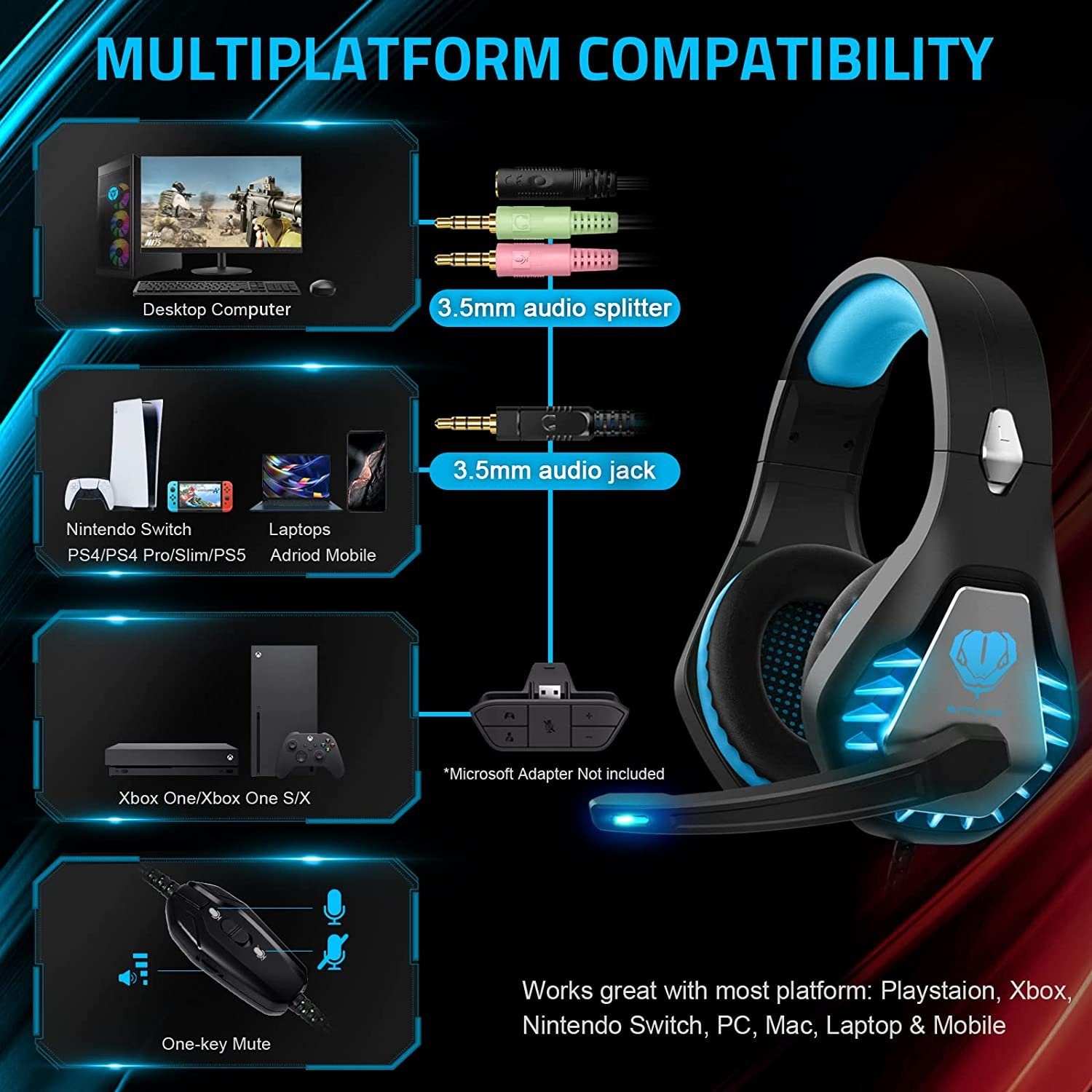 Mutoy Gaming Headset für PC,PS4,PS5,Xbox One,Xbox Series X,Nintendo Switch Gaming-Headset (3.5mm Noise Cancelling Gaming Kopfhörer mit Mikrofon, LED Leuchten und Soft Memory Ohrenschützer)