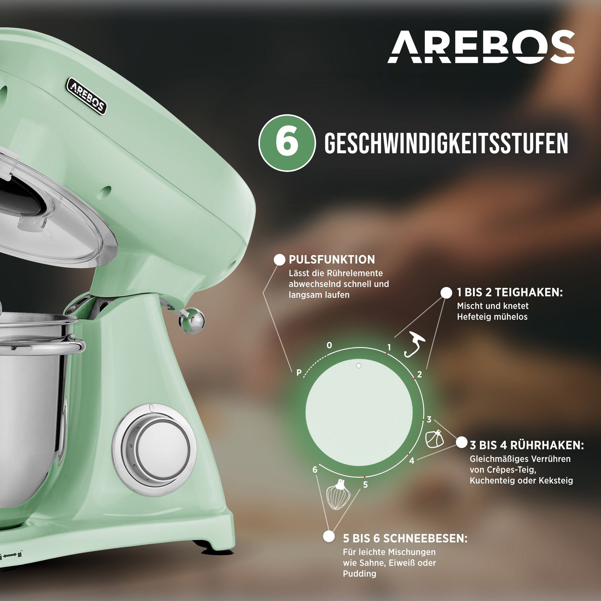 Arebos Küchenmaschine Retro, 6L Edelstahl-Rührschüssel, 6 Geschwindigkeiten, 1800 W