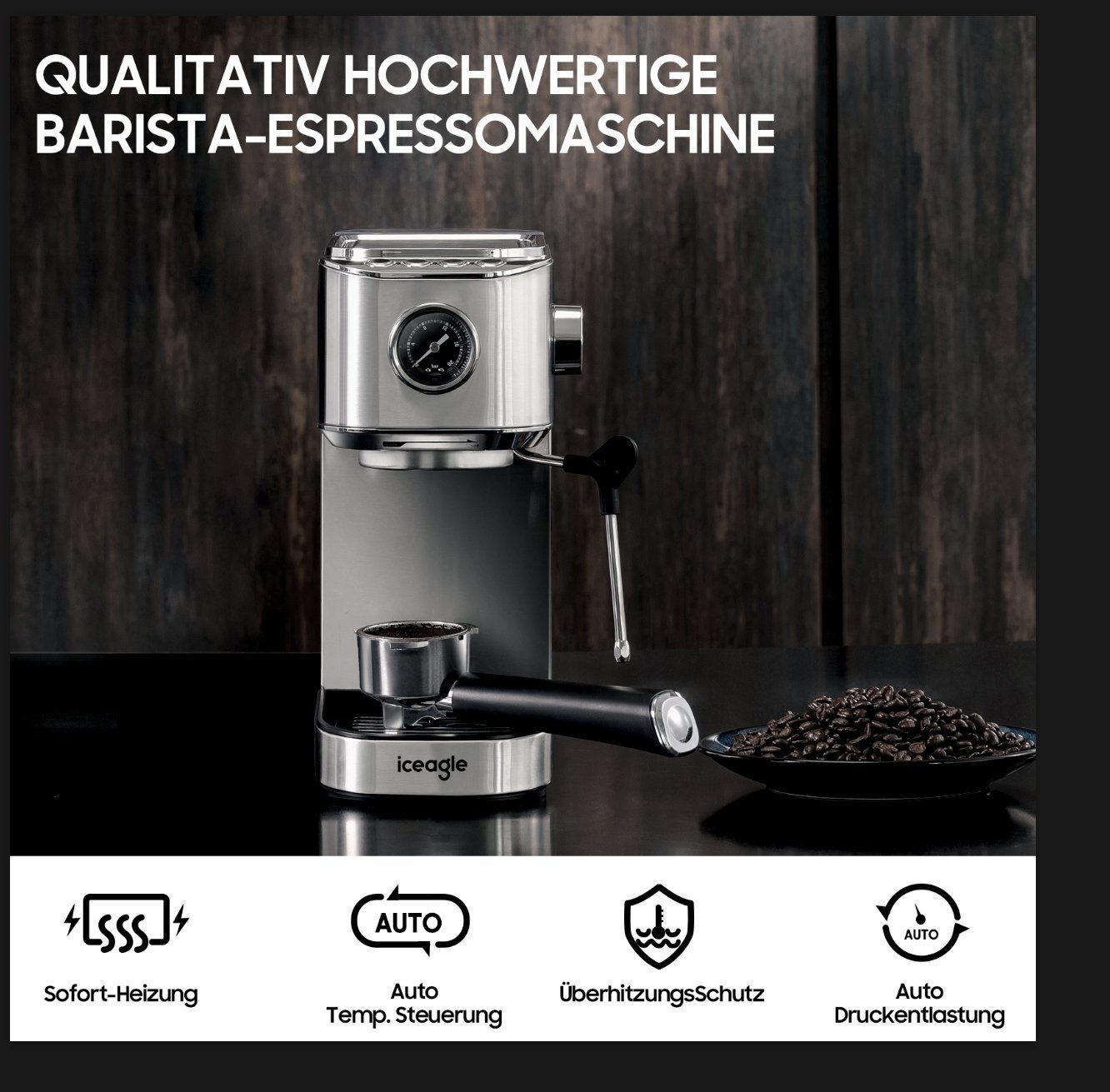 iceagle Espressomaschine Espressomaschine,Kaffeemaschine mit Milchschaumdüse, Filter aus rostfreiem Stahl, für Espresso und Cappuccino, Siebträgermaschine einstellbar Temperatur