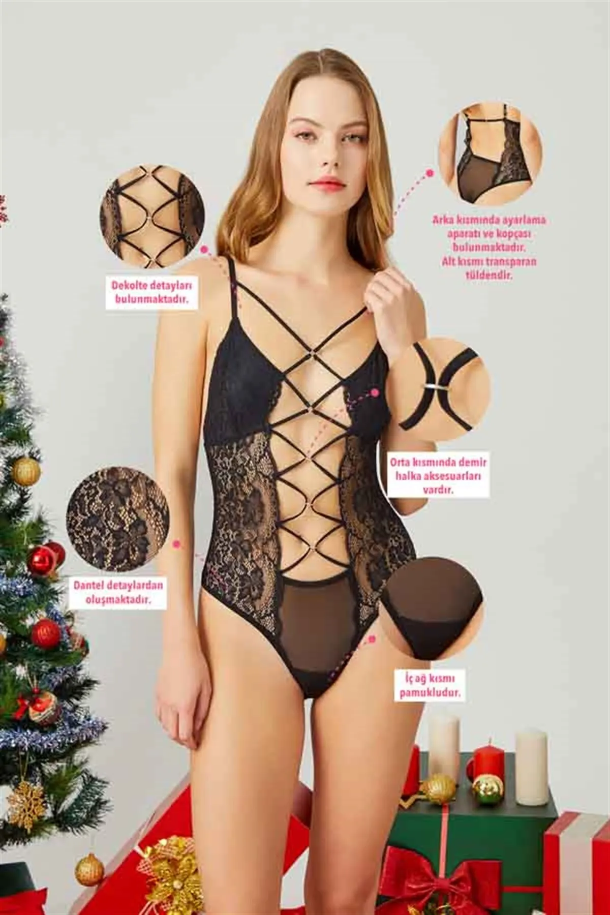 Cottonhill  Schwarzer Seil-Body mit detaillierten, verstellbaren elastischen Spitzen-Damen