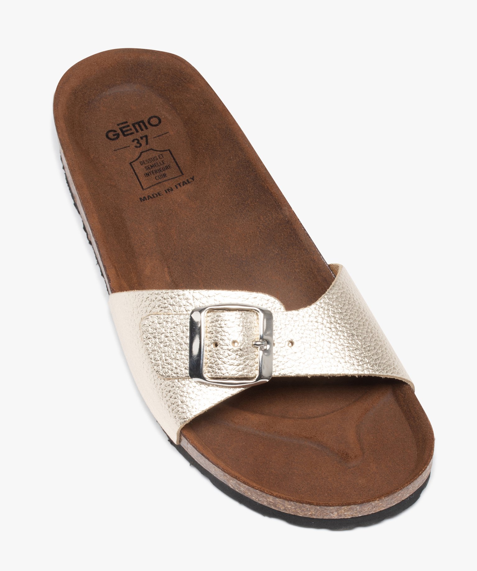 Mules femme à talon plat et bride ajustable en cuir or | GEMO