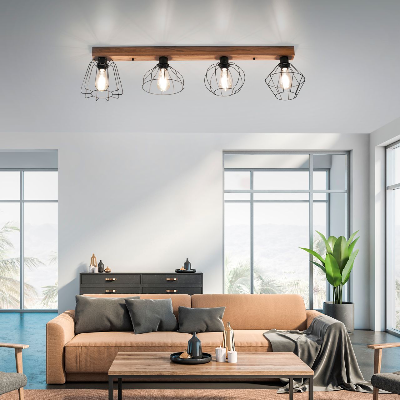 JUST LIGHT LeuchtenDirekt Deckenleuchte KASKA, Holzdekor, 4xE27 max. 40 W, Innenleuchte, IP20