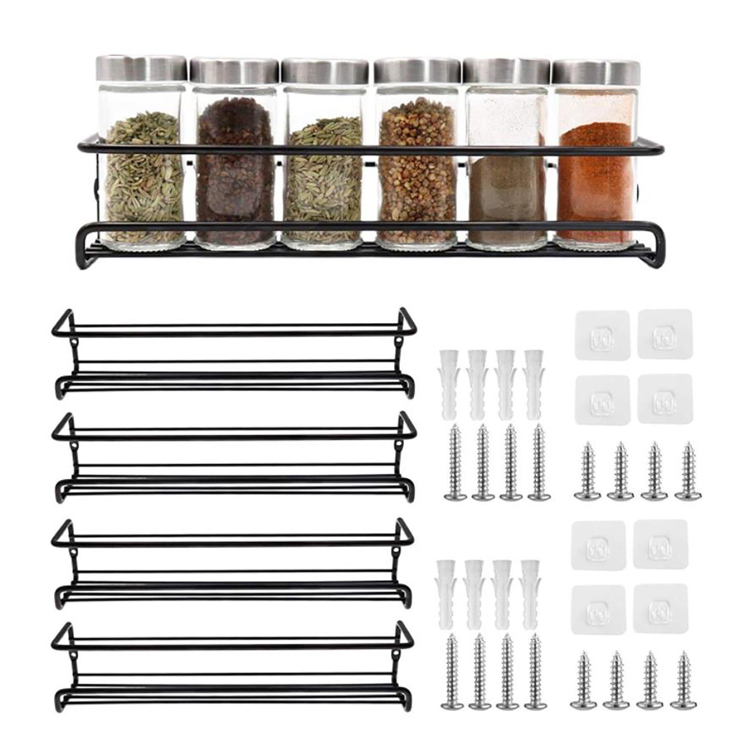 SCOKIT Gewürzregal Gewürzregal Wand Metall Hängend, Küche Gewürz Organizer Wand Küchenregal 4-tlg., Ohne Bohren Küchenzubehör Schwarz