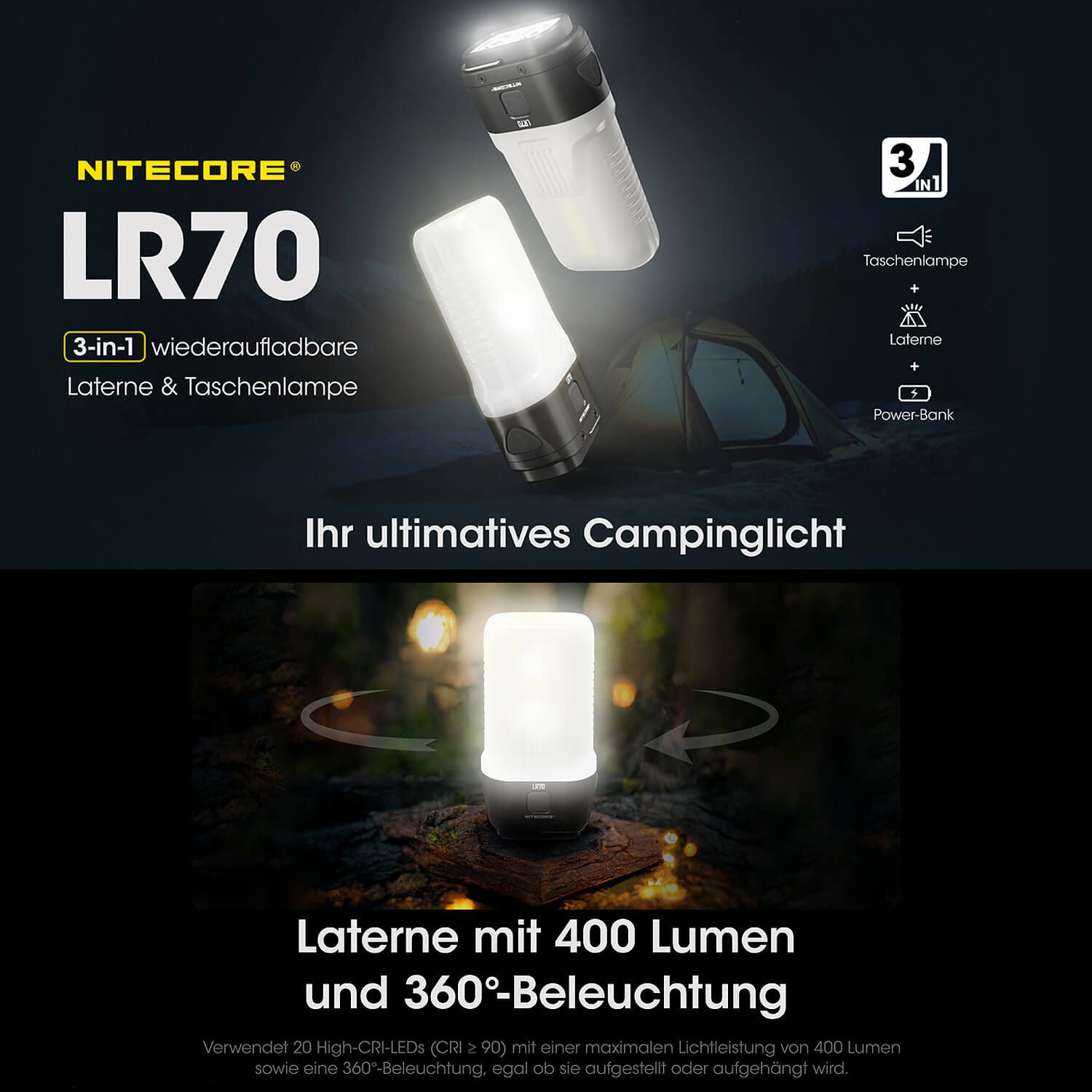 LR70 - 3000 Lumen - Taschenlampe, Powerbank, Laterne