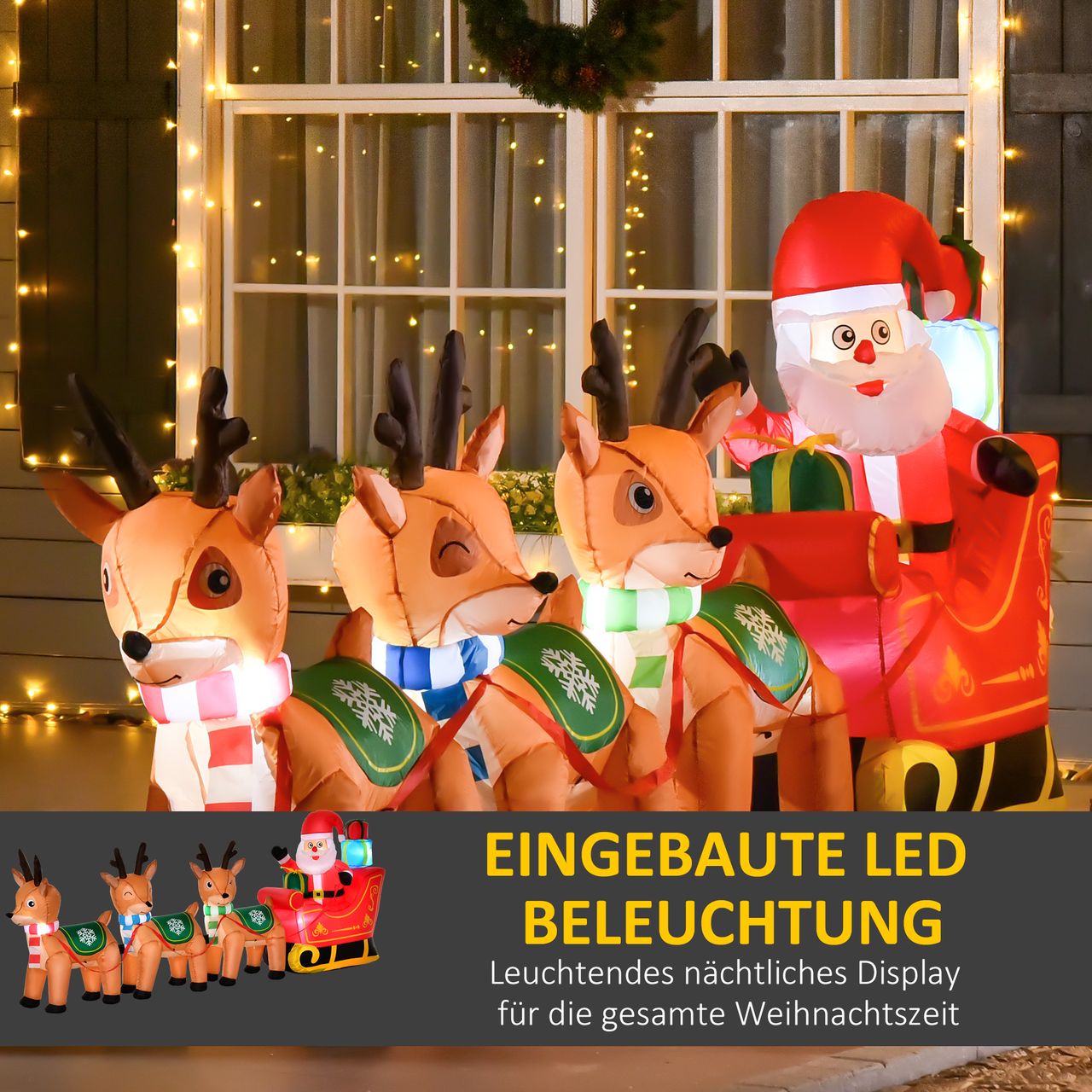 HOMCOM Aufblasbarer Weihnachtsmann auf Schlitten mit 3 Hirschen 1,3 m Weihnachtsdekoration mit Lichtern Weihnachten Gärten Dekoration automatisches Aufblasen wetterfest Polyester 319 x 59 x 132 cm