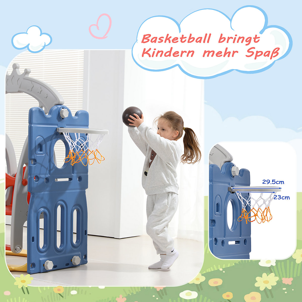 Rutsche 5-in-1 Kinderrutsche mit Schaukeln, Basketballkorb, Kletterspielzeug mit Trittleiter