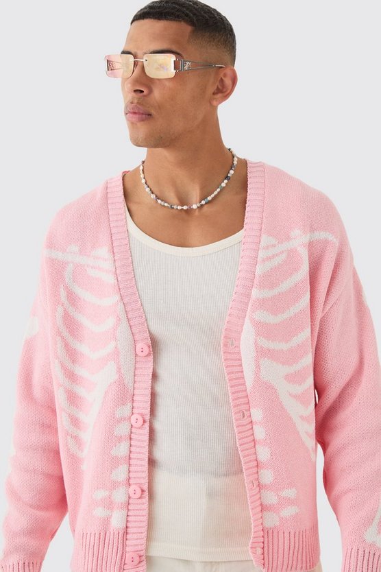 Kastiger Oversize Jacquard-Cardigan mit Skelett-Print
