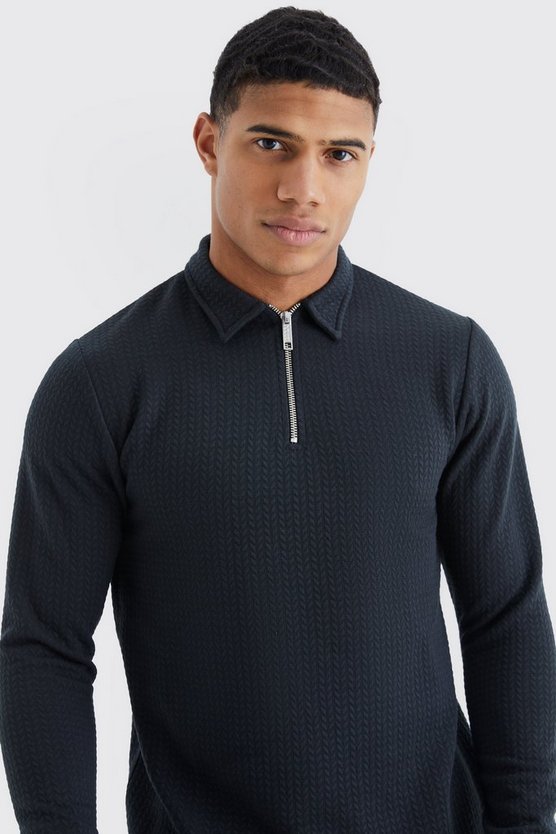 Langärmliges strukturiertes Slim-Fit Zopfmuster-Poloshirt