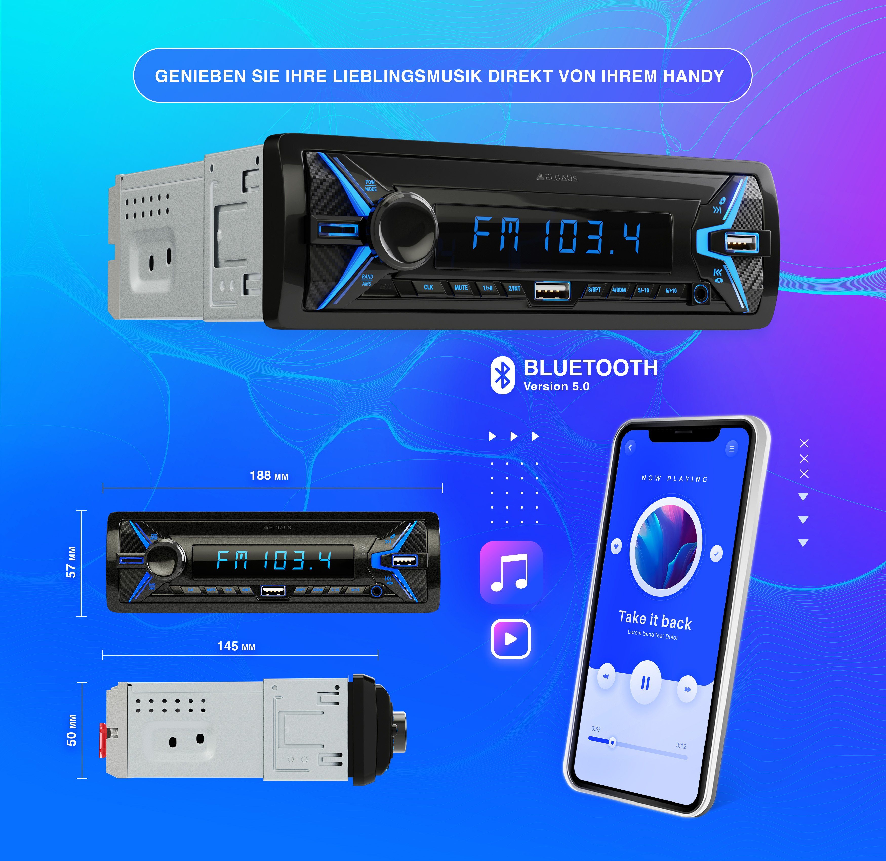 ELGAUS OM-190P 1 Din Autoradio (FM/AM, RDS, Bluetooth, RDS, Fernbedienung, ID3, Appsteuerung, Manual in DE/EN)