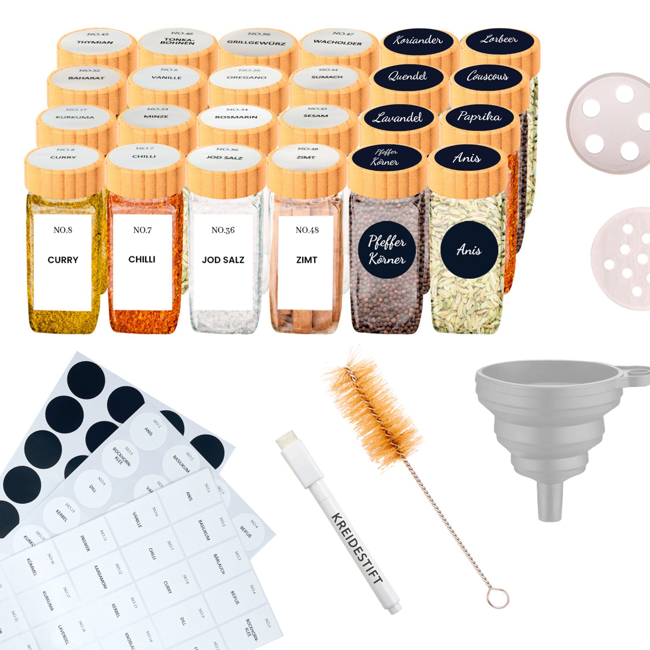 PORADA Gewürzbehälter Gewürzstreuer 120 ml Bambus Deckel x172 Etiketten Stift & Trichter, (Set, 24-tlg., x24 Gewürzstreuer)