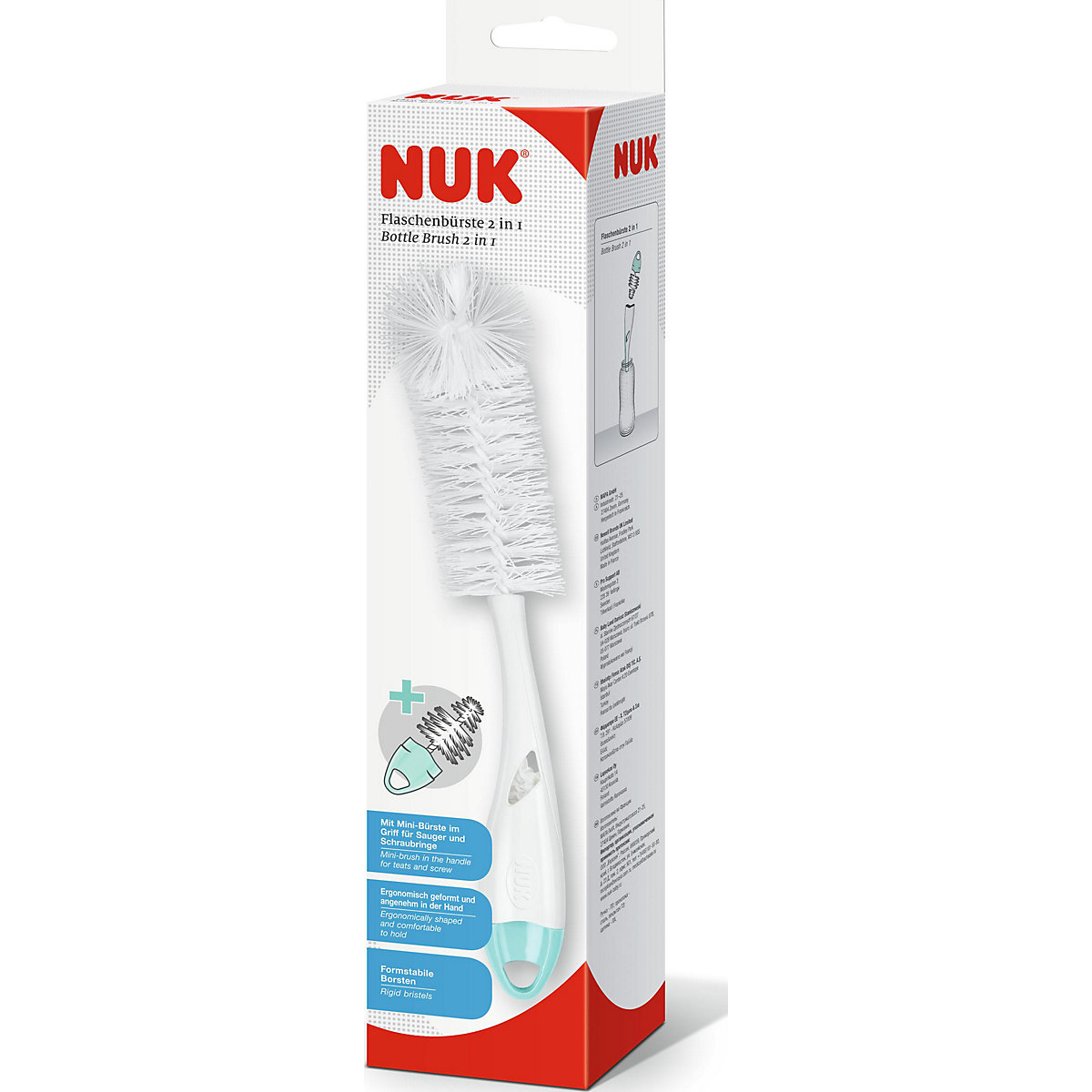 NUK Flaschenbürste 2 in 1, gründliche Vorreinigung von Saugern und Flaschen, mit Mini-Bürste im Griff, 1 Stück, Mint