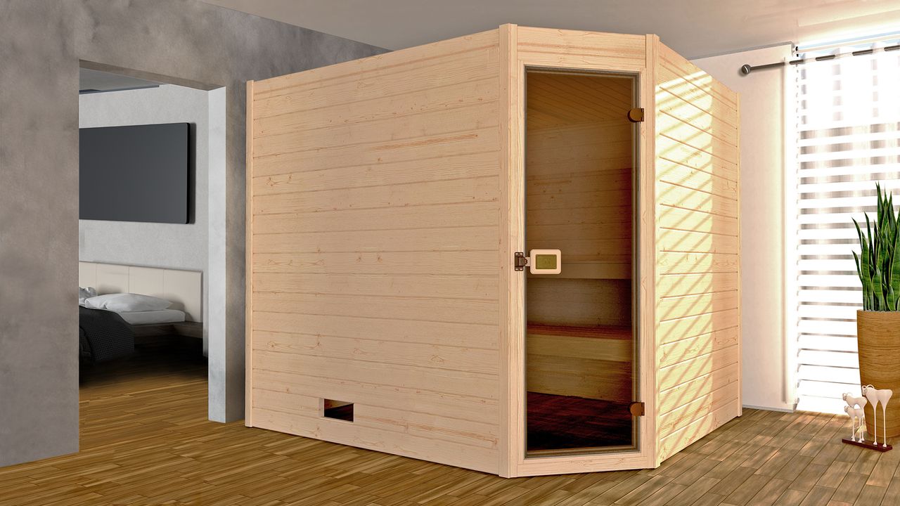 WEKA 38mm Masssivholzsauna mit Eckeinstieg Gr.2 inkl. 9,0 kW Kompakt-Ofen