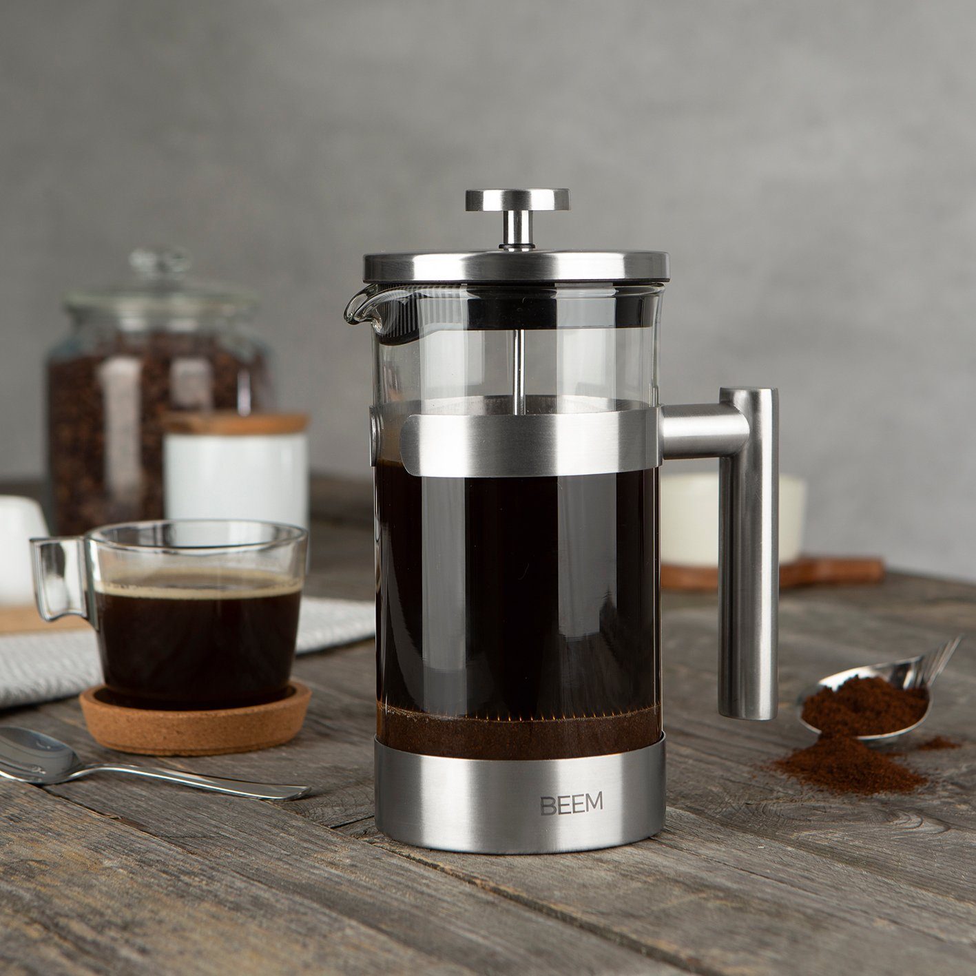 BEEM Kaffeebereiter French Press Kaffeepresse, 1l Kaffeekanne, Camping, Outdoor, Glas & Edelstahl, hitzebeständige Borosilitglas