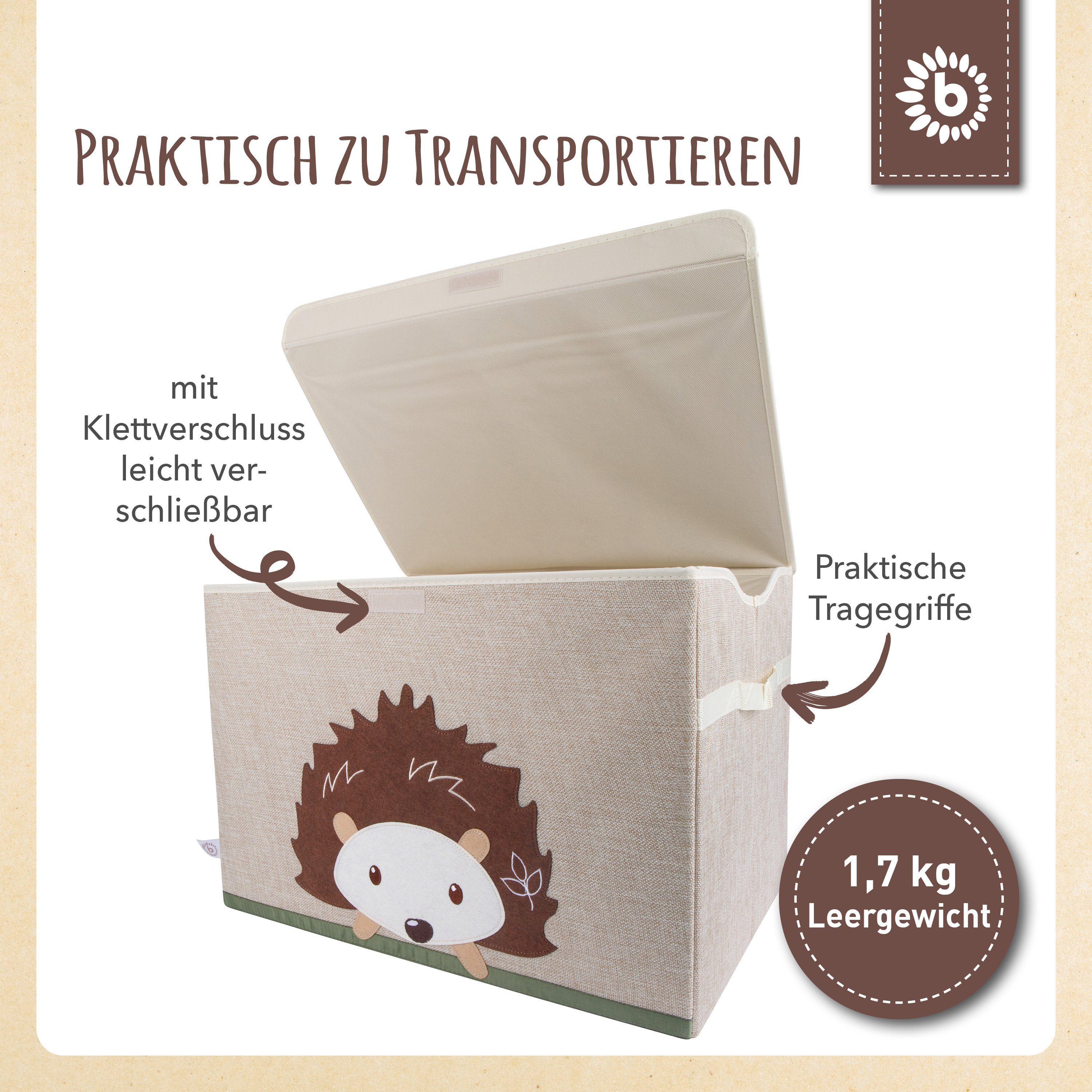 BIECO Spielzeugtruhe Bieco Aufbewahrungsbox mit Deckel 65L faltbar ca. 36x36x51cm Spielzeugkiste mit Deckel Aufbewahrungsbox Kinder Kisten mit Deckel Aufbewahrungsbox Groß Wickeltisch Organizer Igel Motiv