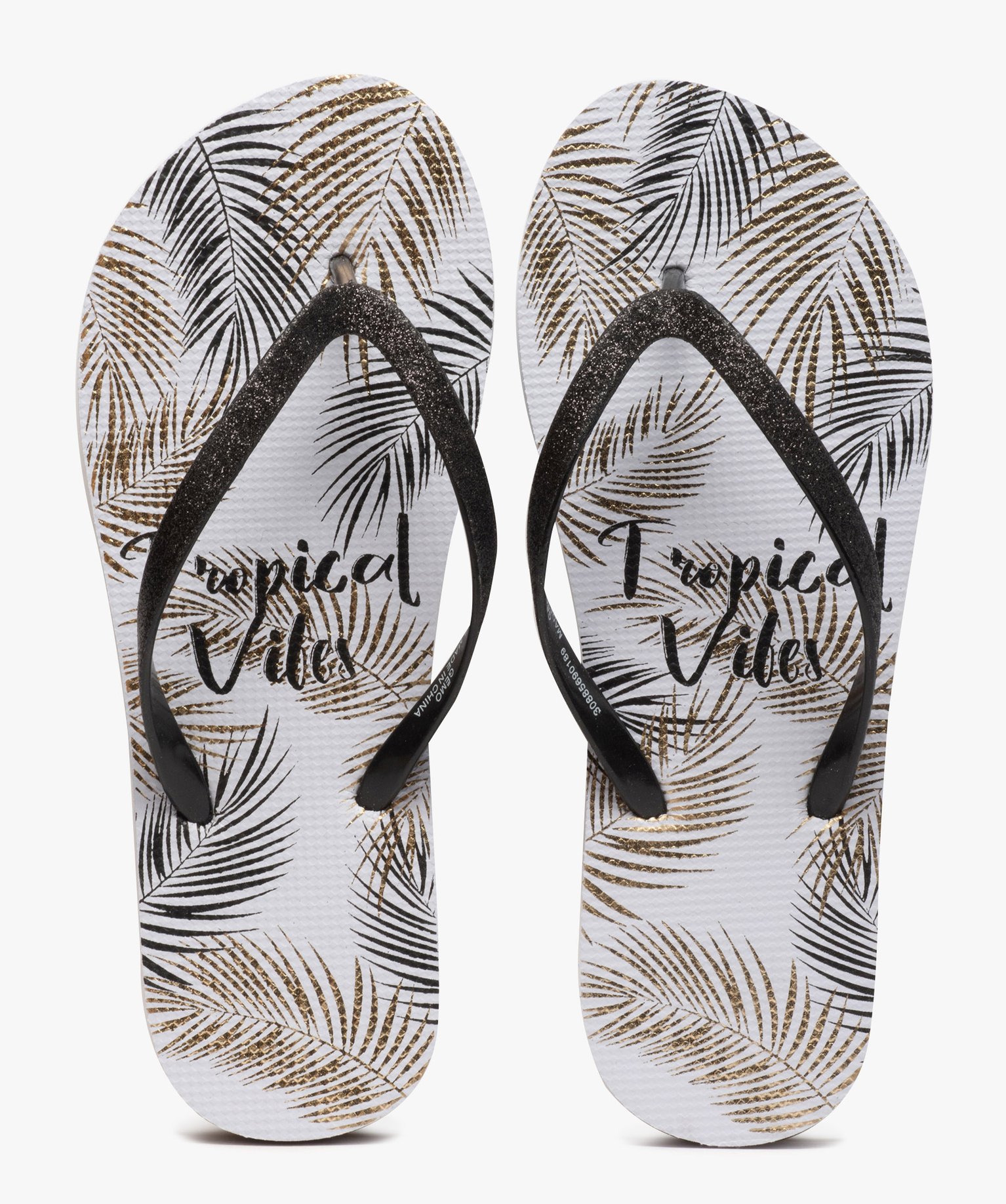 Tongs femme à motifs tropicaux et brides pailletées blanc | GEMO